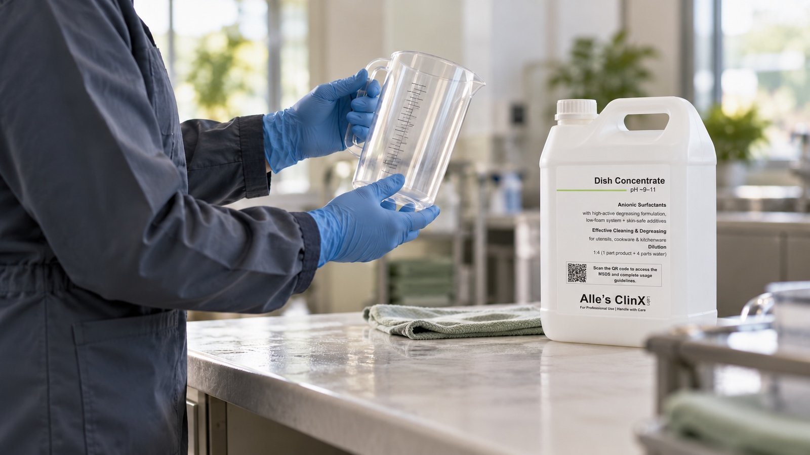 An operator checks an empty measuring vessel beside an Alle's ClinX Dish Concentrate pack.