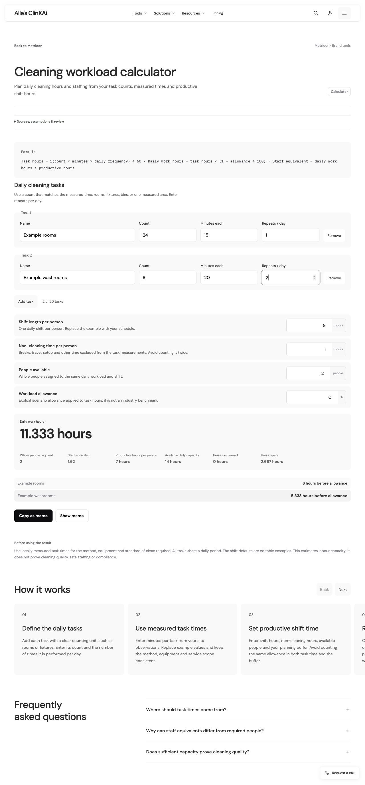 Actual workload calculator showing an illustrative staffing calculation.