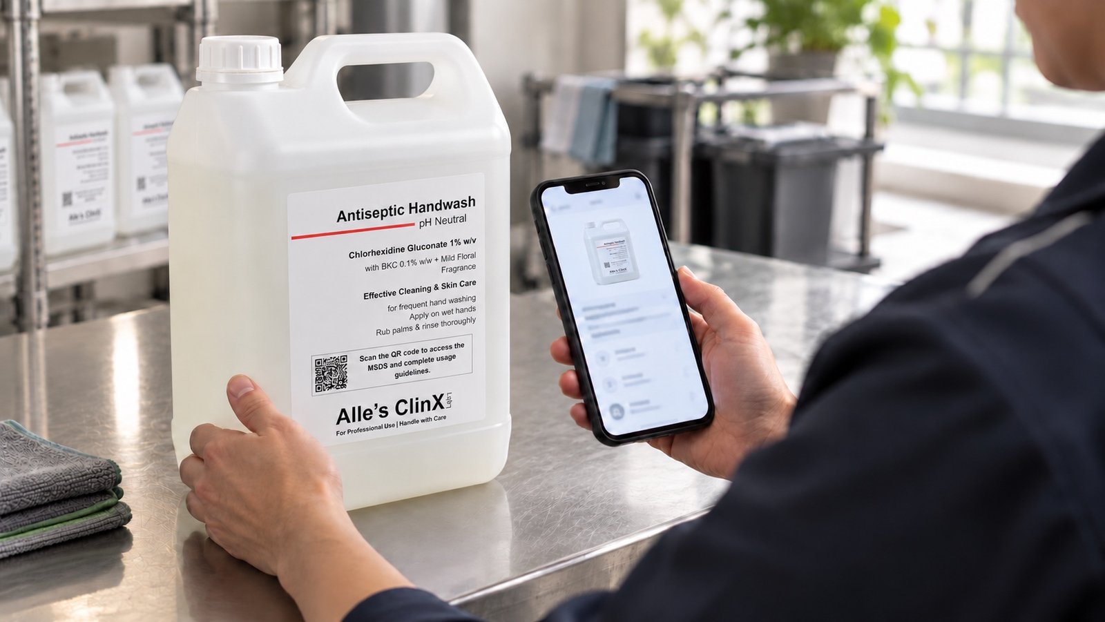 A phone held over the packaging QR on an Alle's ClinX Antiseptic Handwash pack.