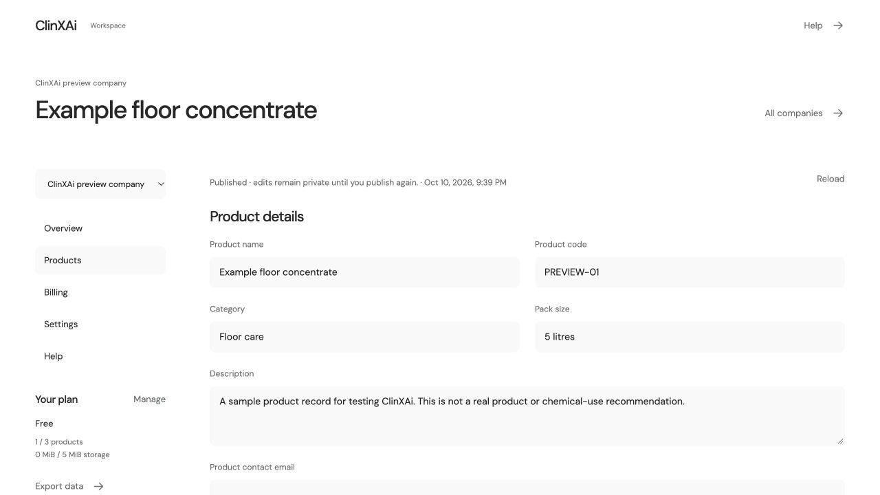 ClinXAi product editor showing the fictional preview product and publication controls.